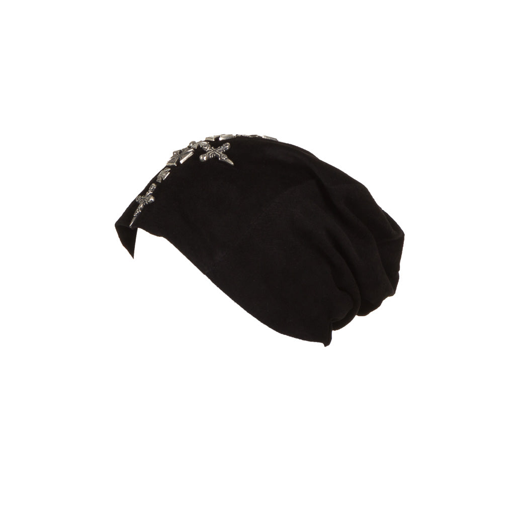 Lonnet Veloursleder Mütze Beanie KREUZ schwarz