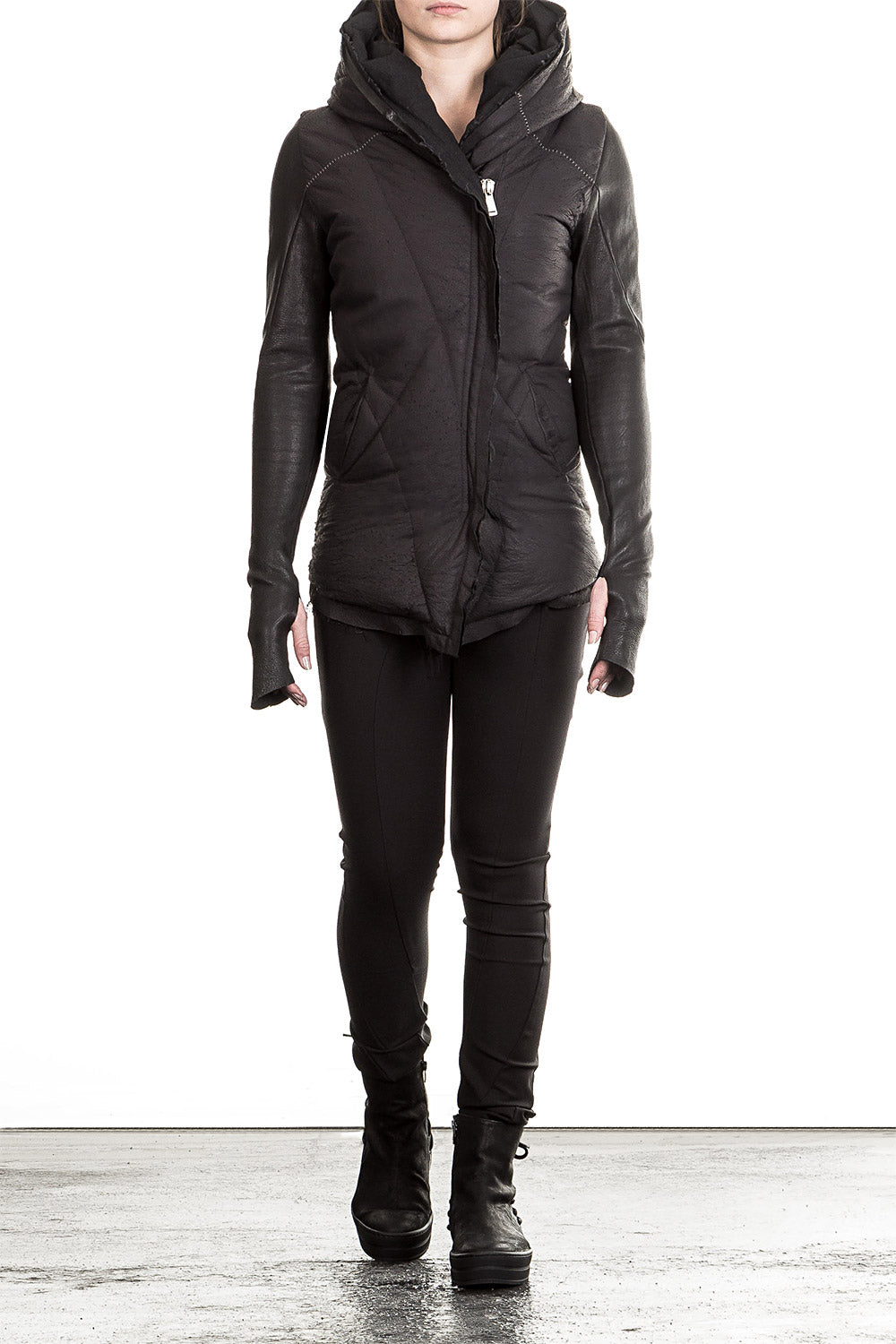 10sei0otto Damen Leder Daunenjacke mit Kapuze schwarz