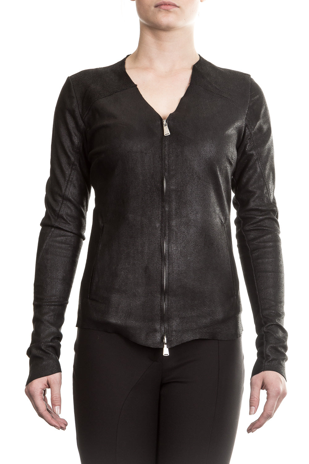 10sei0otto Damen Lederjacke V-Neck schwarz