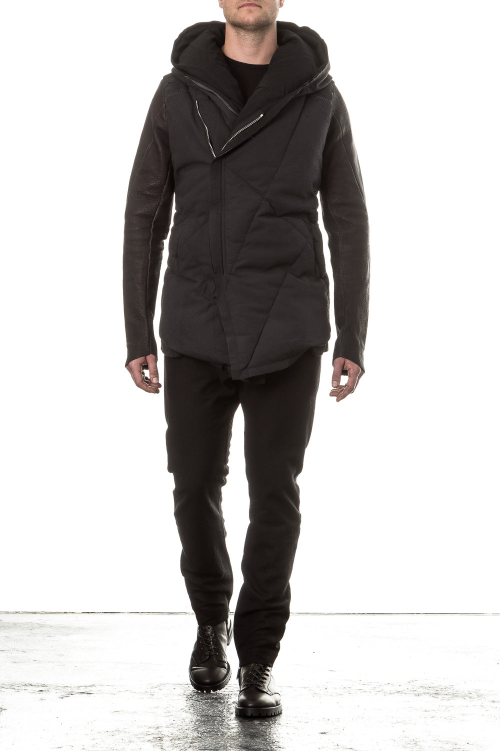 10sei0otto Herren Leder Daunenjacke mit Kapuze schwarz