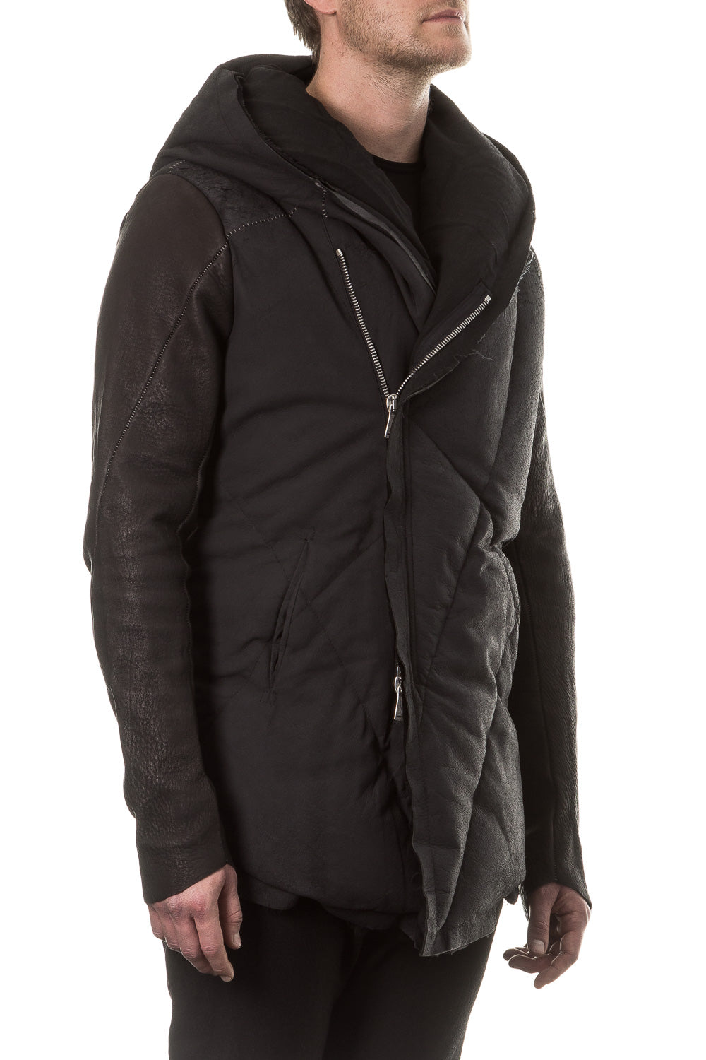 10sei0otto Herren Leder Daunenjacke mit Kapuze schwarz
