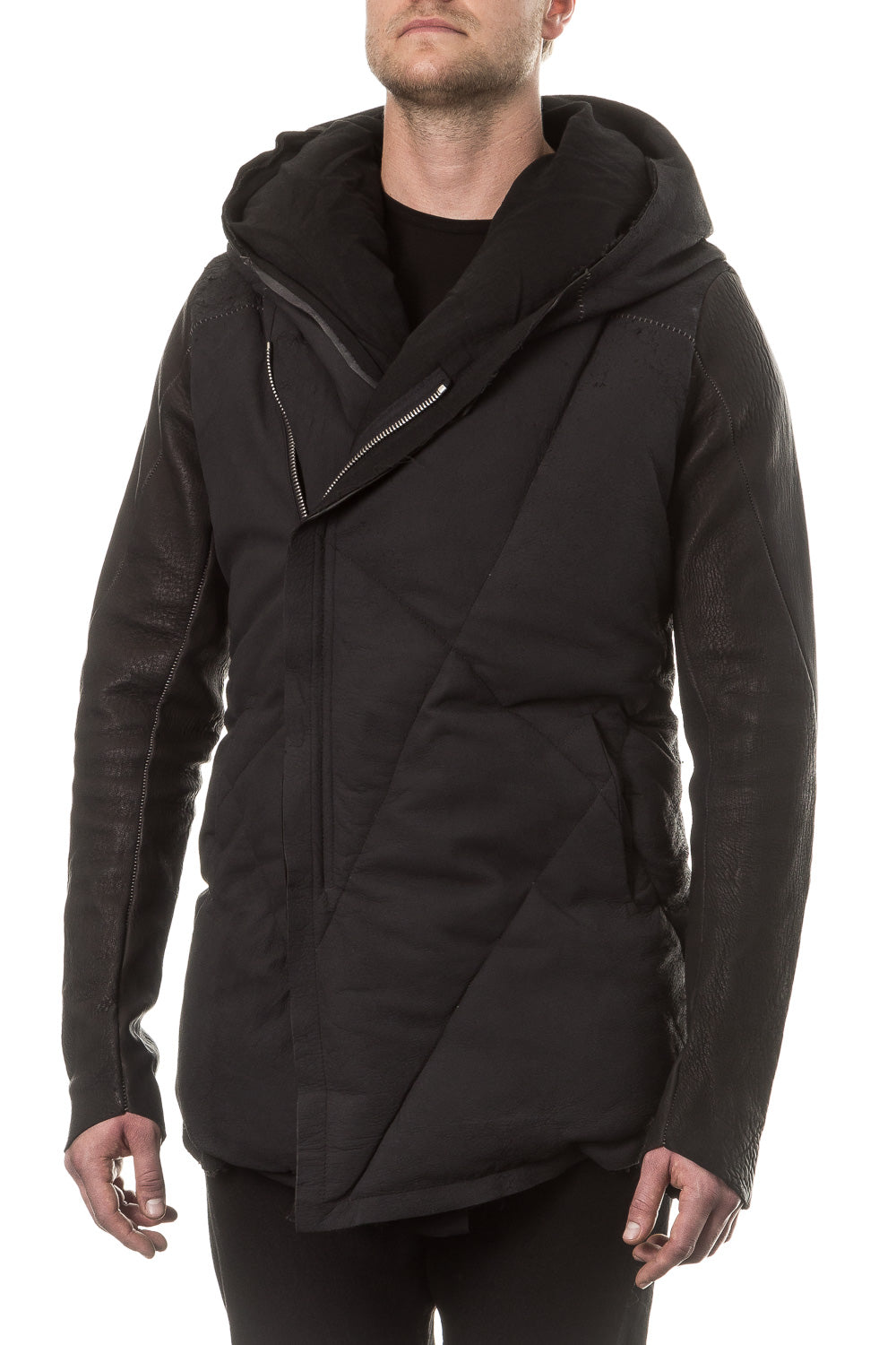10sei0otto Herren Leder Daunenjacke mit Kapuze schwarz