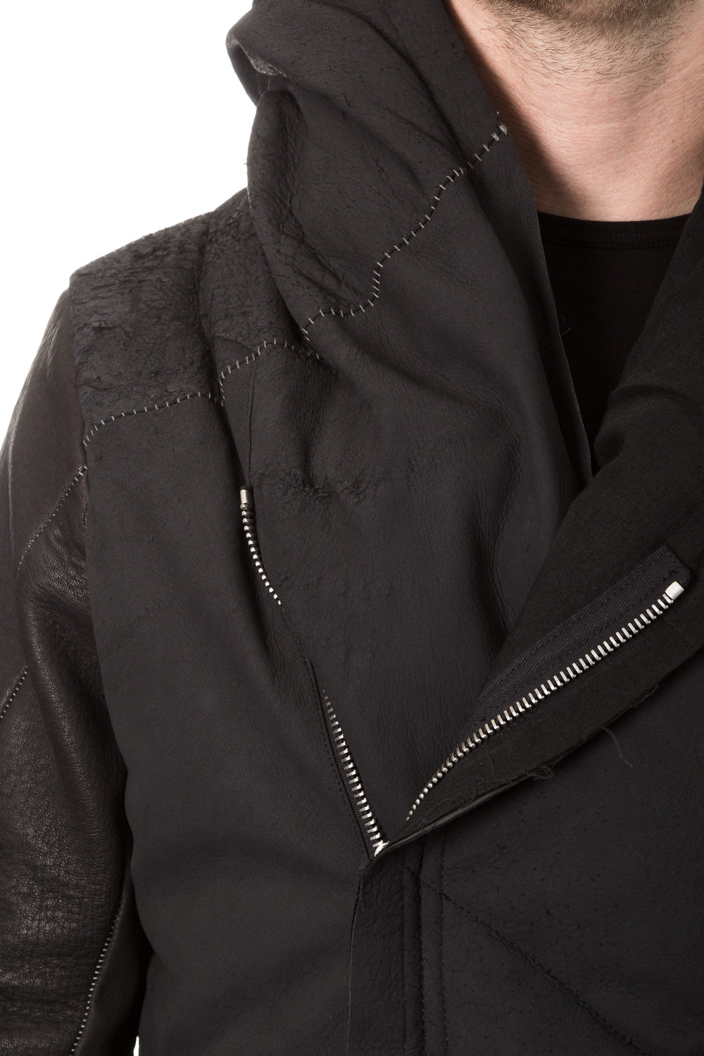 10sei0otto Herren Leder Daunenjacke mit Kapuze schwarz