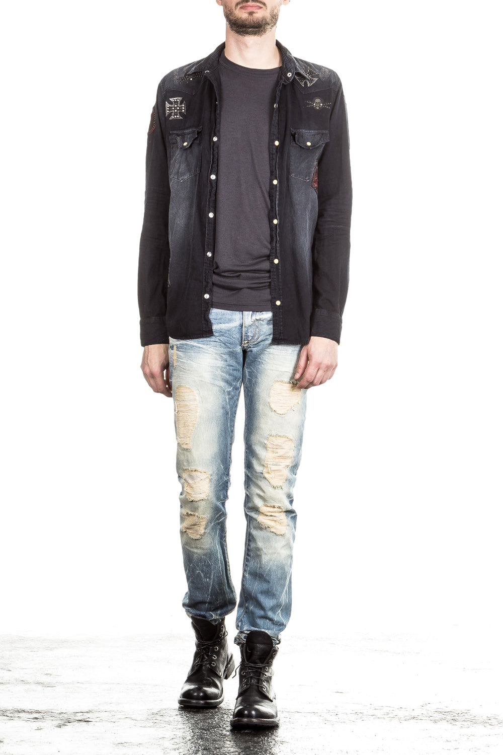 Robin`s Jean Herren Hemd Patches dunkelblau