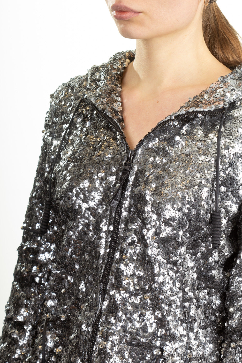 Rundholz DIP Damen Kapuzenjacke Pailletten silber