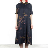 Suzusan Damen Midi Kleid Halbarm dunkelblau Shibori olive
