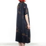 Suzusan Damen Midi Kleid Halbarm dunkelblau Shibori olive