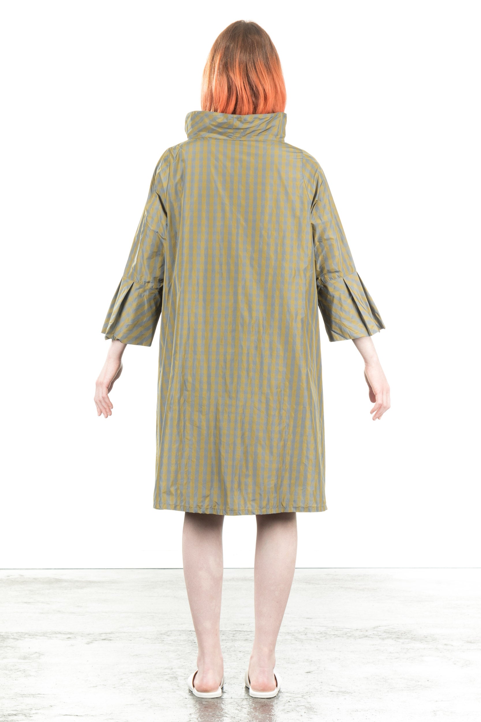 Katharina Hovman Damen Taft Kleid A-Linie ausgestellter Kragen karo olive