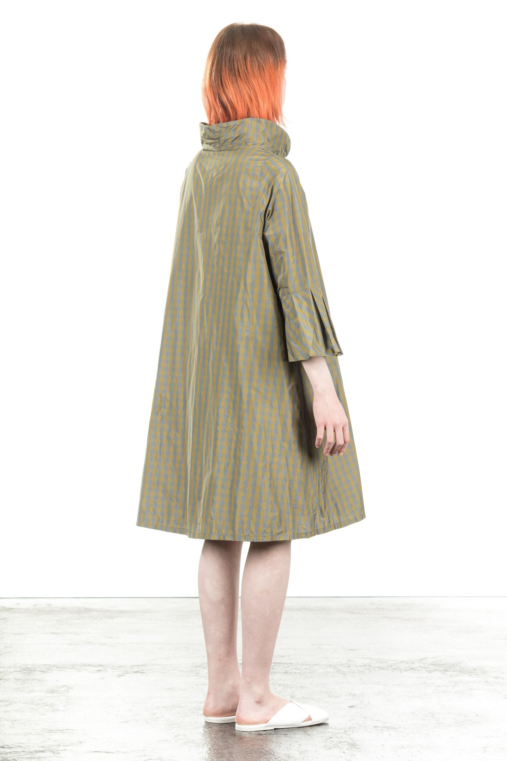 Katharina Hovman Damen Taft Kleid A-Linie ausgestellter Kragen karo olive
