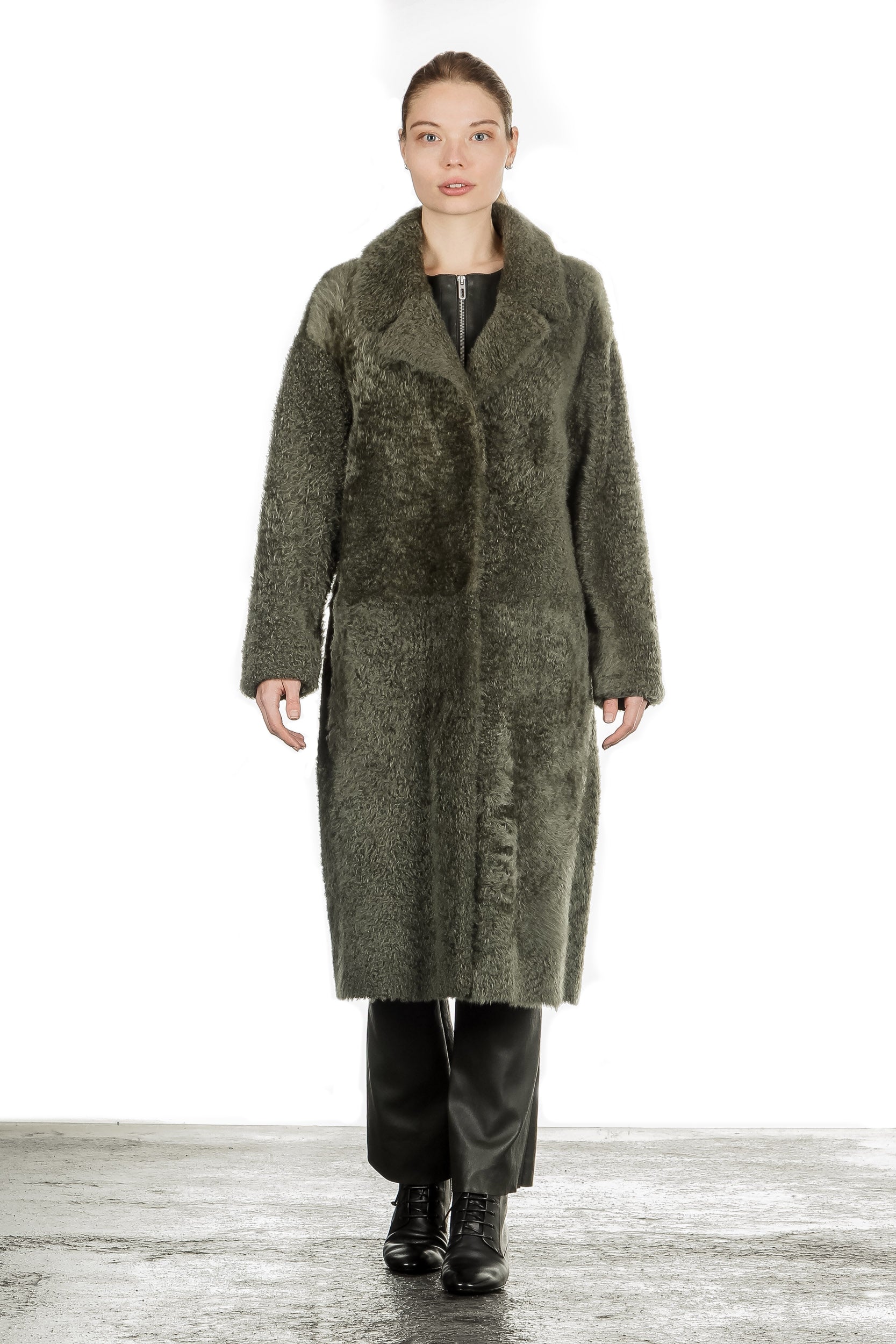 DROMe Damen Lammfell Wende Mantel khaki