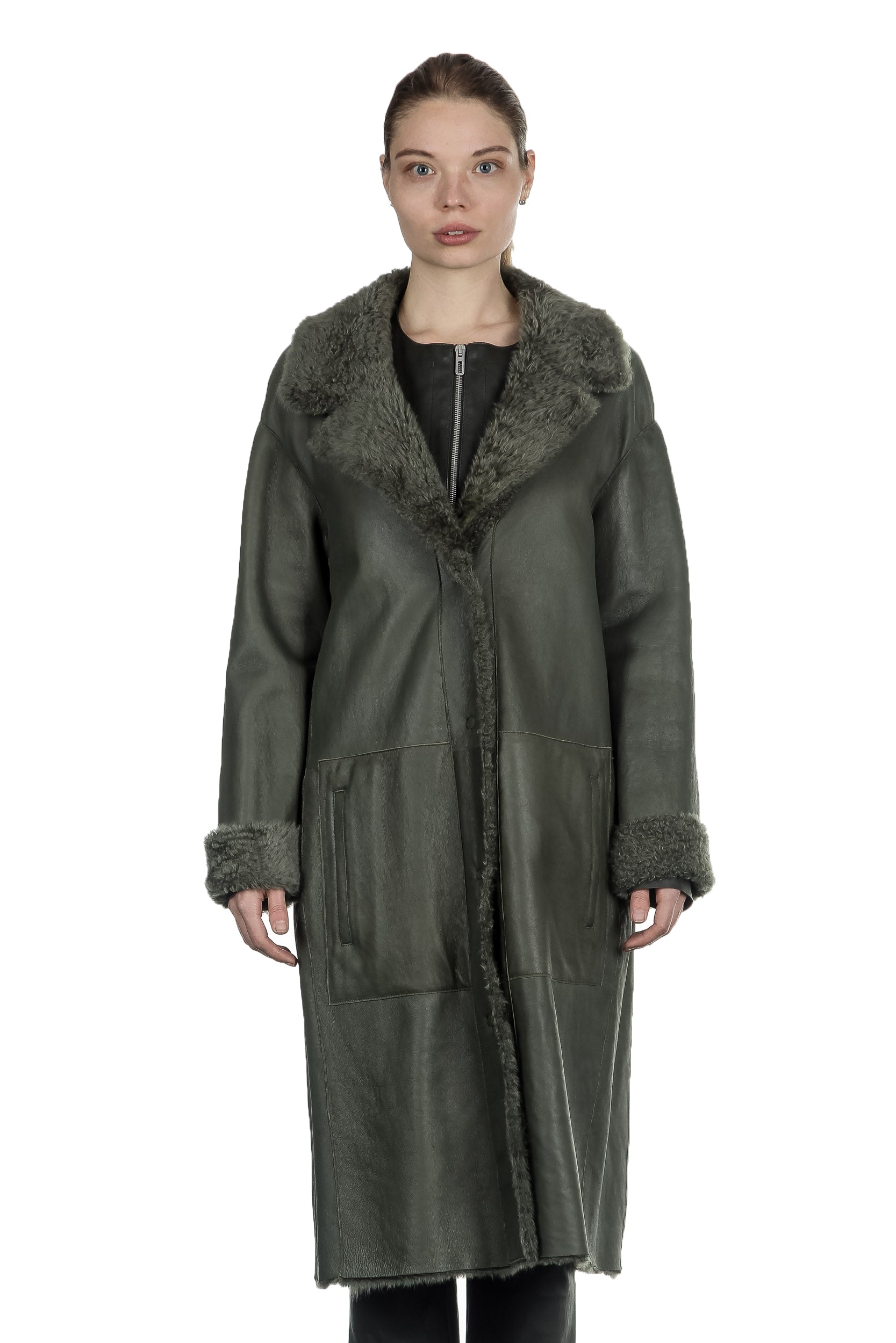 DROMe Damen Lammfell Wende Mantel khaki