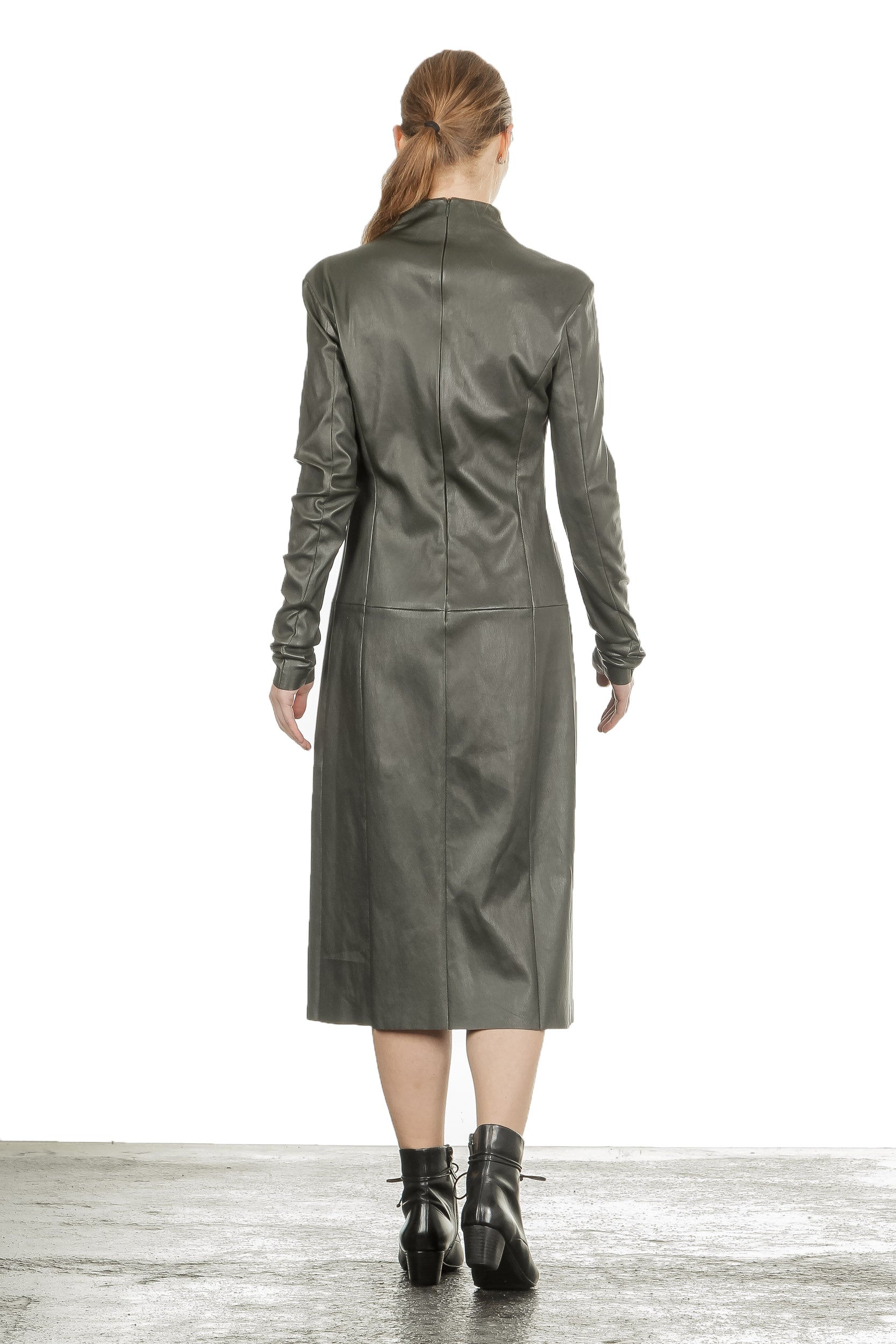 DROMe Damen Leder Kleid Stehkragen khaki