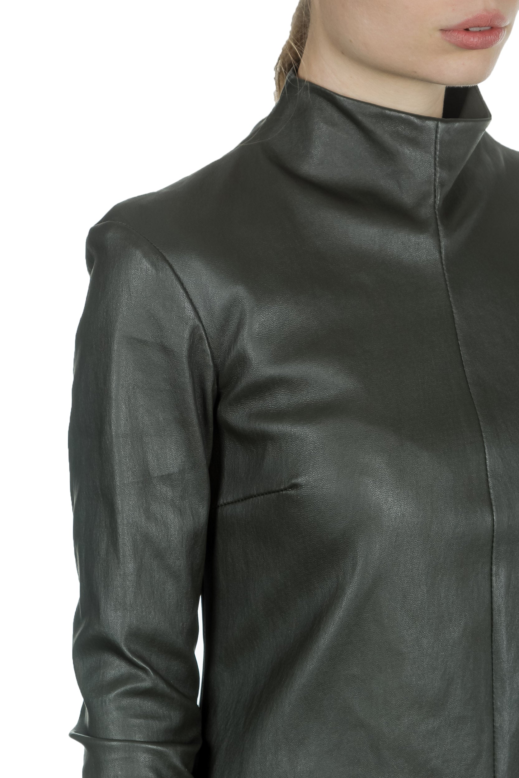 DROMe Damen Leder Kleid Stehkragen khaki