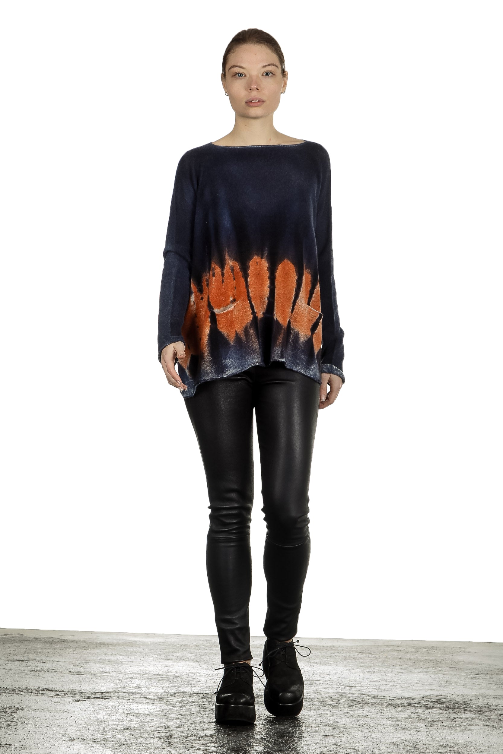 F Cashmere Damen Kaschmir Oversize Pullover blau orange