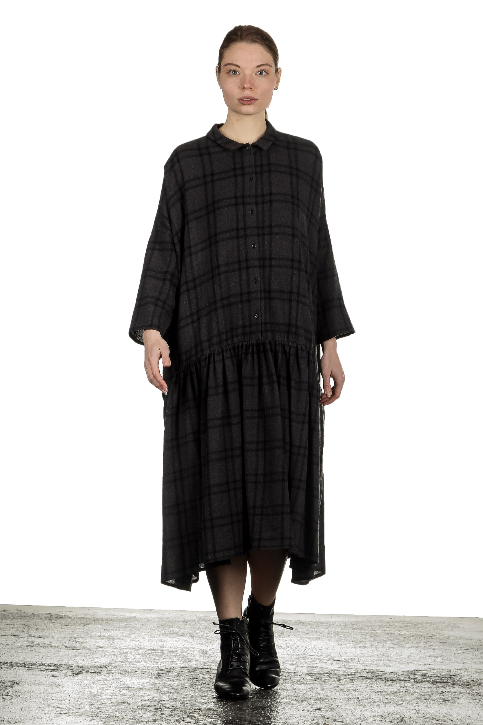 Apuntob Damen Avantgarde Hemdblusenkleid mit Karomuster anthrazit