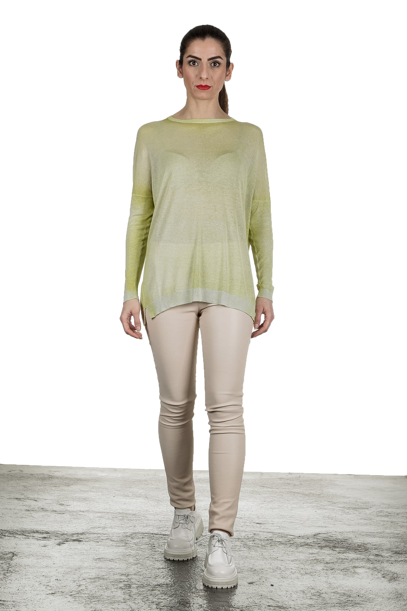 AVANT TOI Damen Fein gestrickter Pullover mit Schlitzen grün
