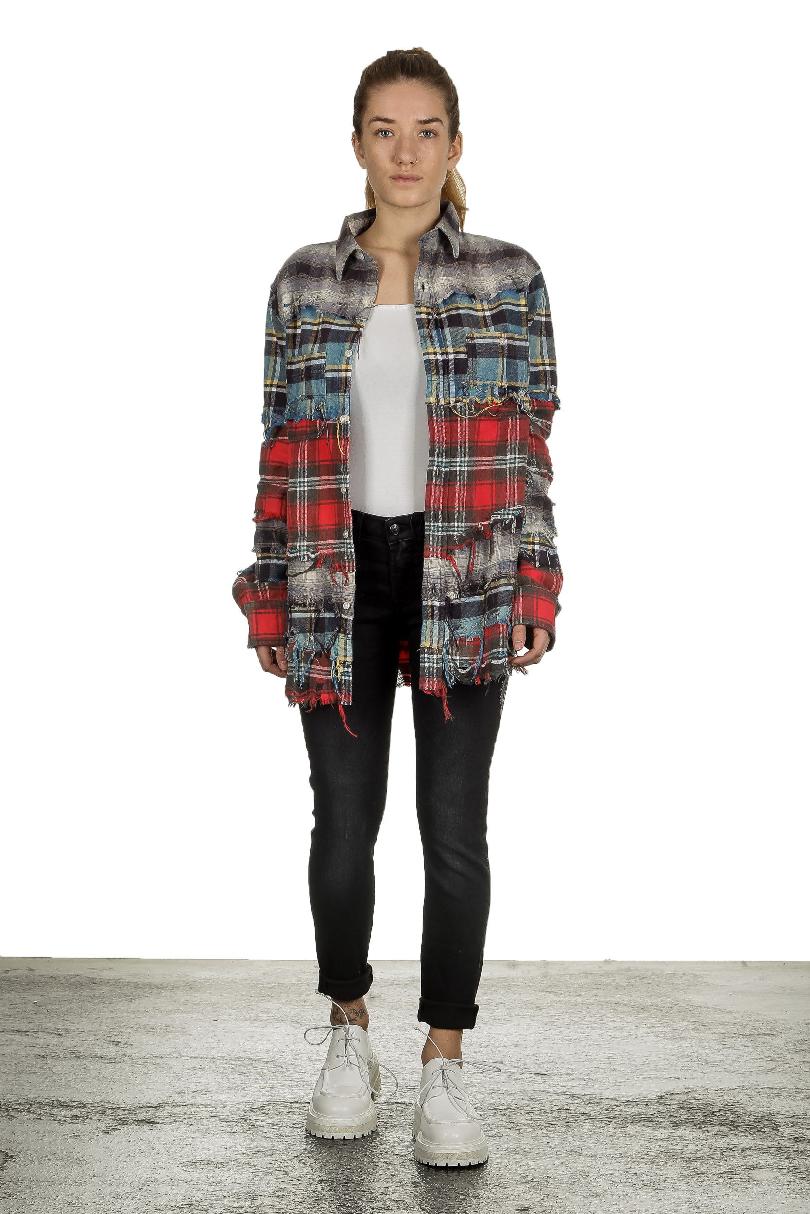 R13 Damen Kariertes Hemd im Distressed-Look mehrfarbig