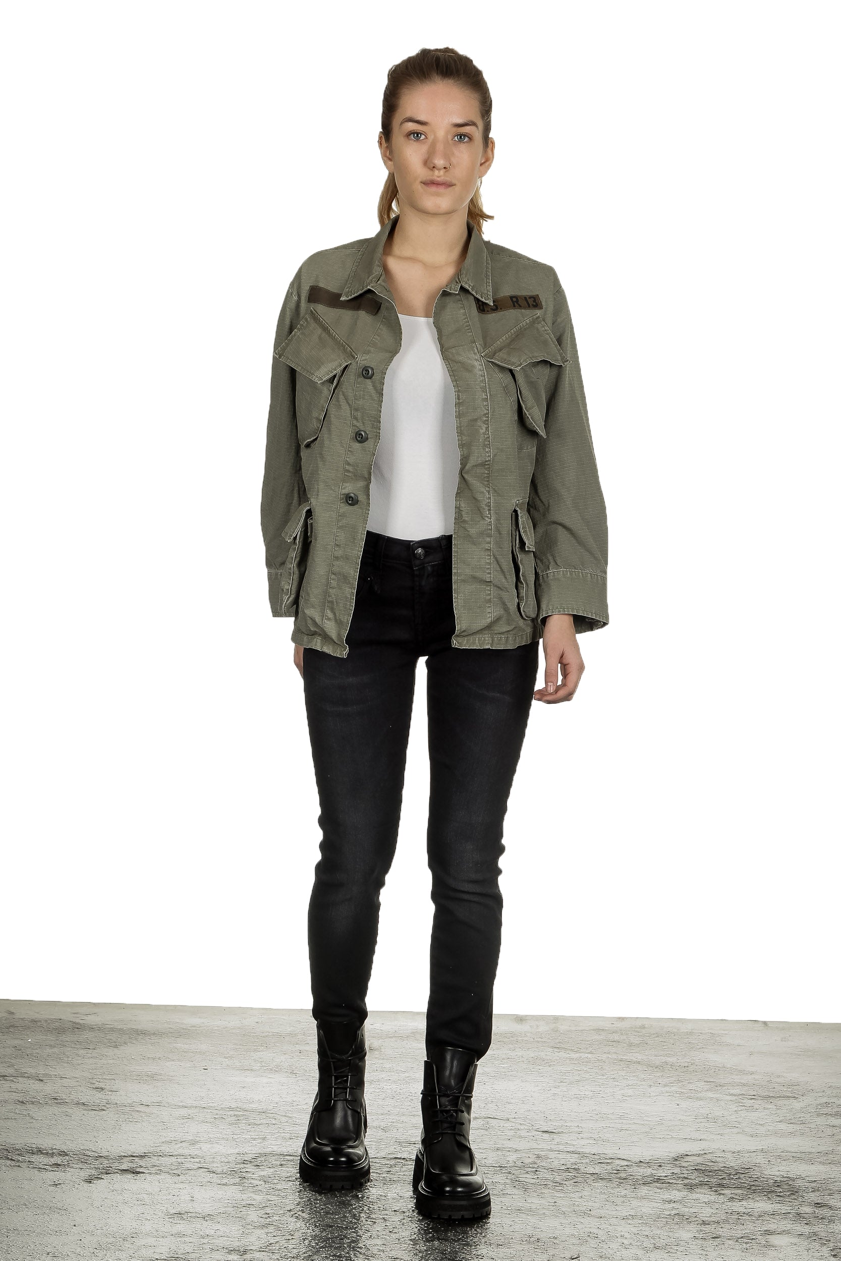 R13 Damen Geknöpfte Military-Jacke khaki