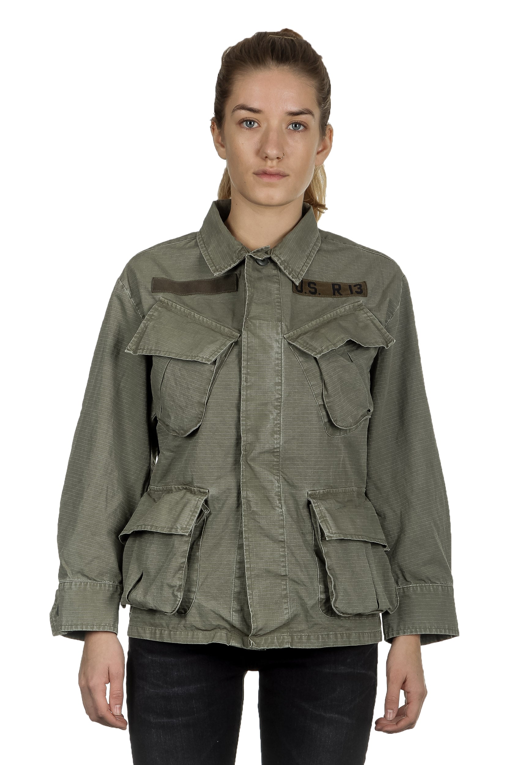 R13 Damen Geknöpfte Military-Jacke khaki