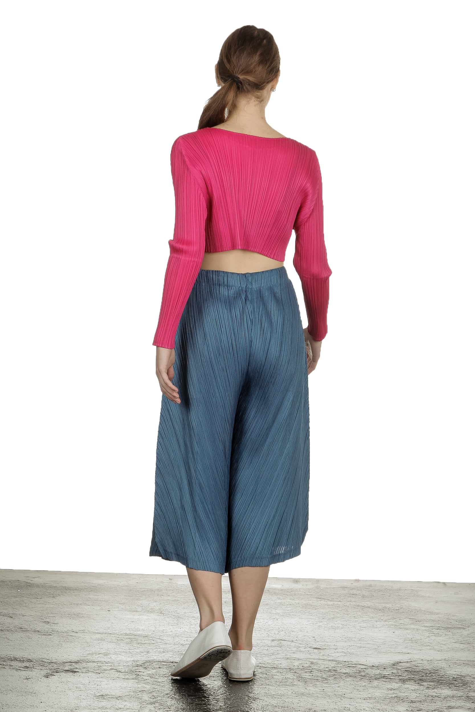 Pleats Please Issey Miyake Damen Plissee Weite 7/8 Taillenhose blau