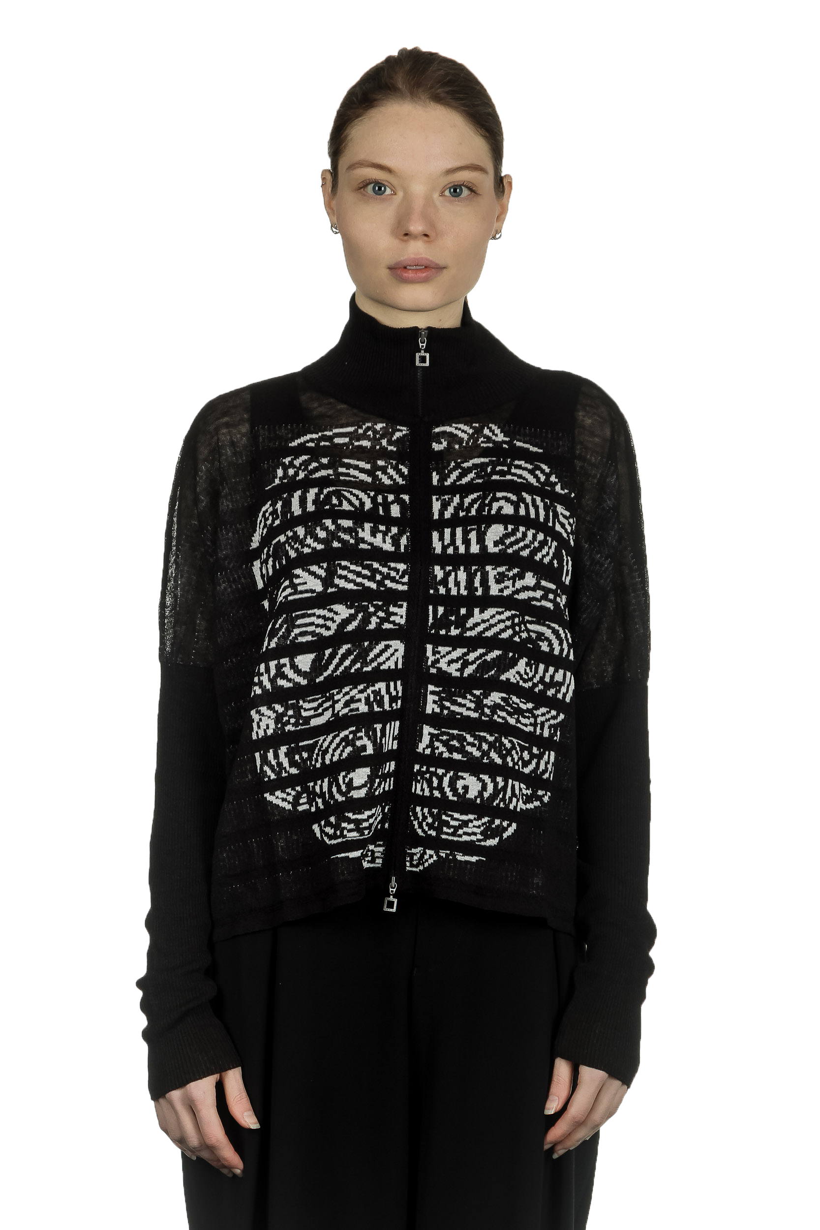 Sarah Pacini Damen Kurze Strickjacke mit Muster schwarz weiß