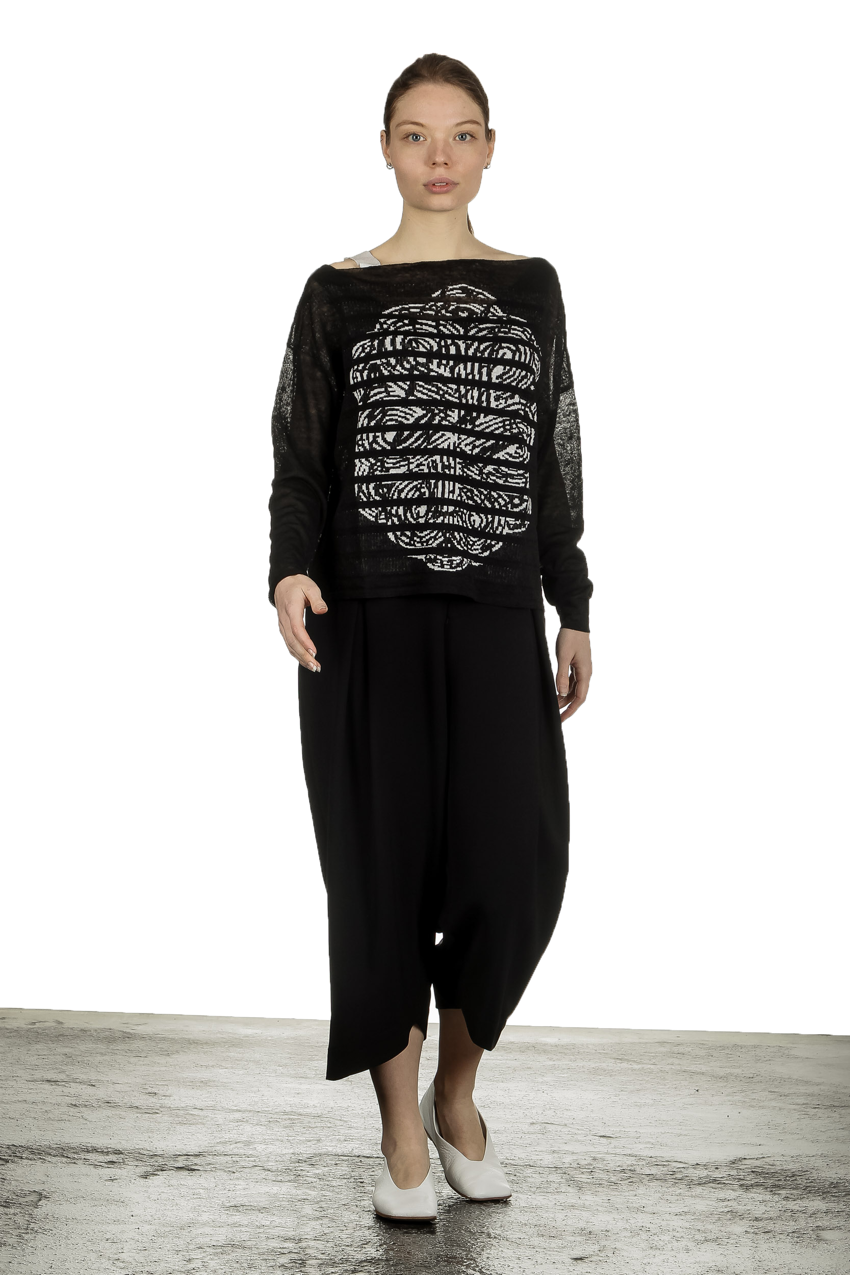 Sarah Pacini Damen Asymmetrischer Pullover mit Muster schwarz weiß
