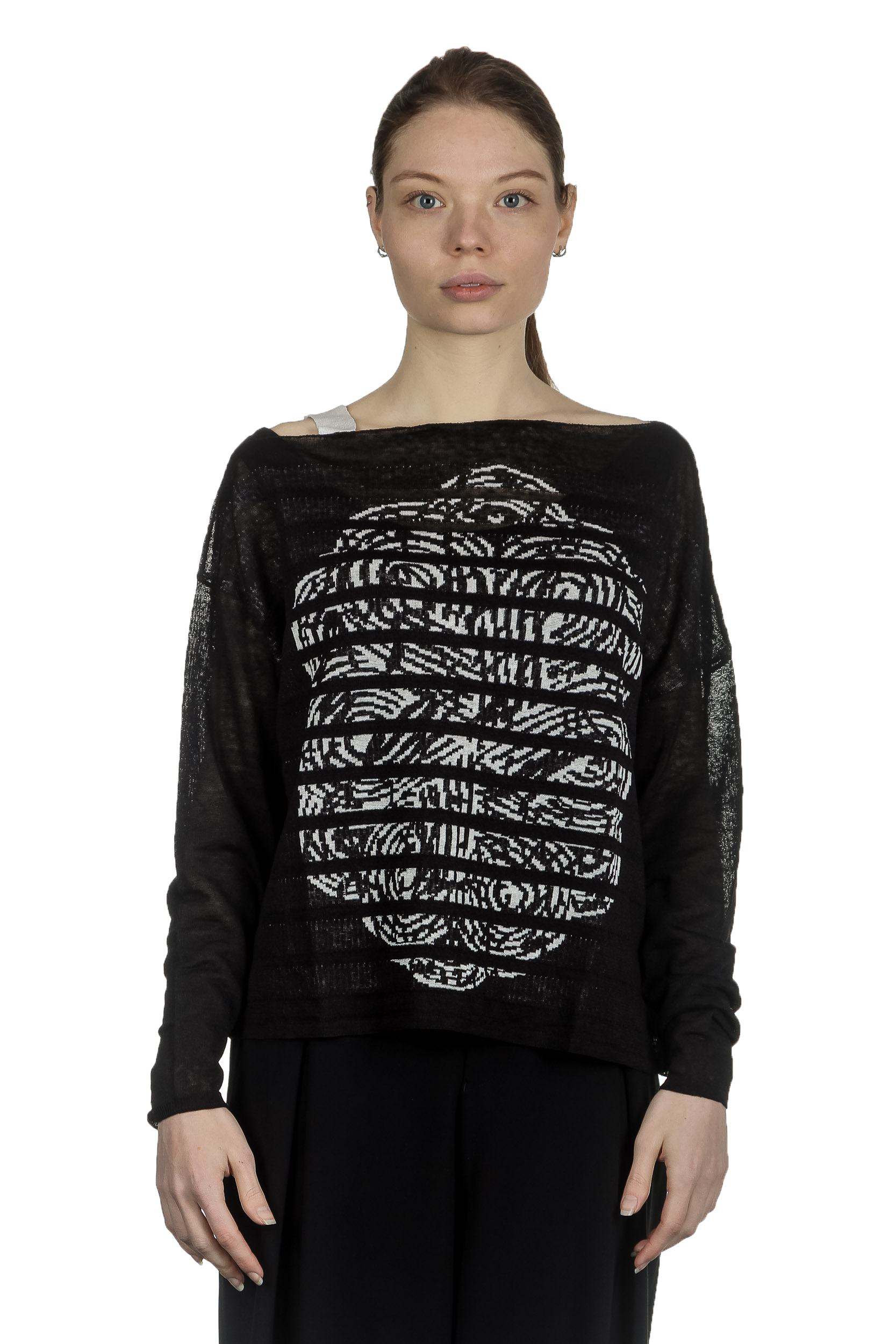 Sarah Pacini Damen Asymmetrischer Pullover mit Muster schwarz weiß