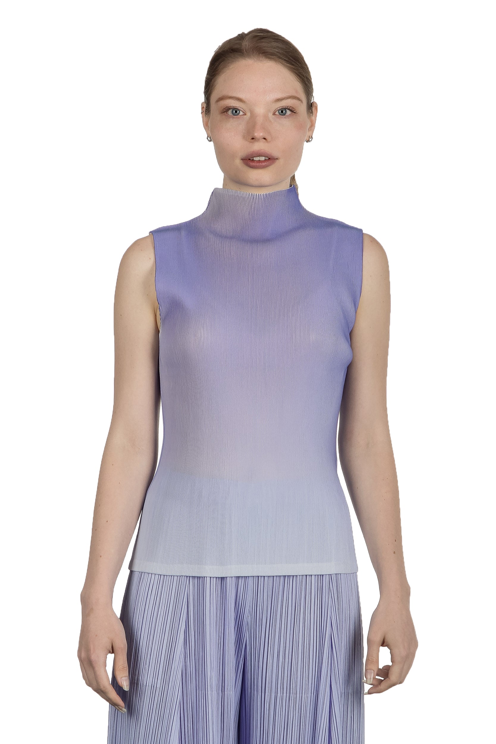 Pleats Please Issey Miyake Damen Plissé Ombré-Top mit Stehkragen violett