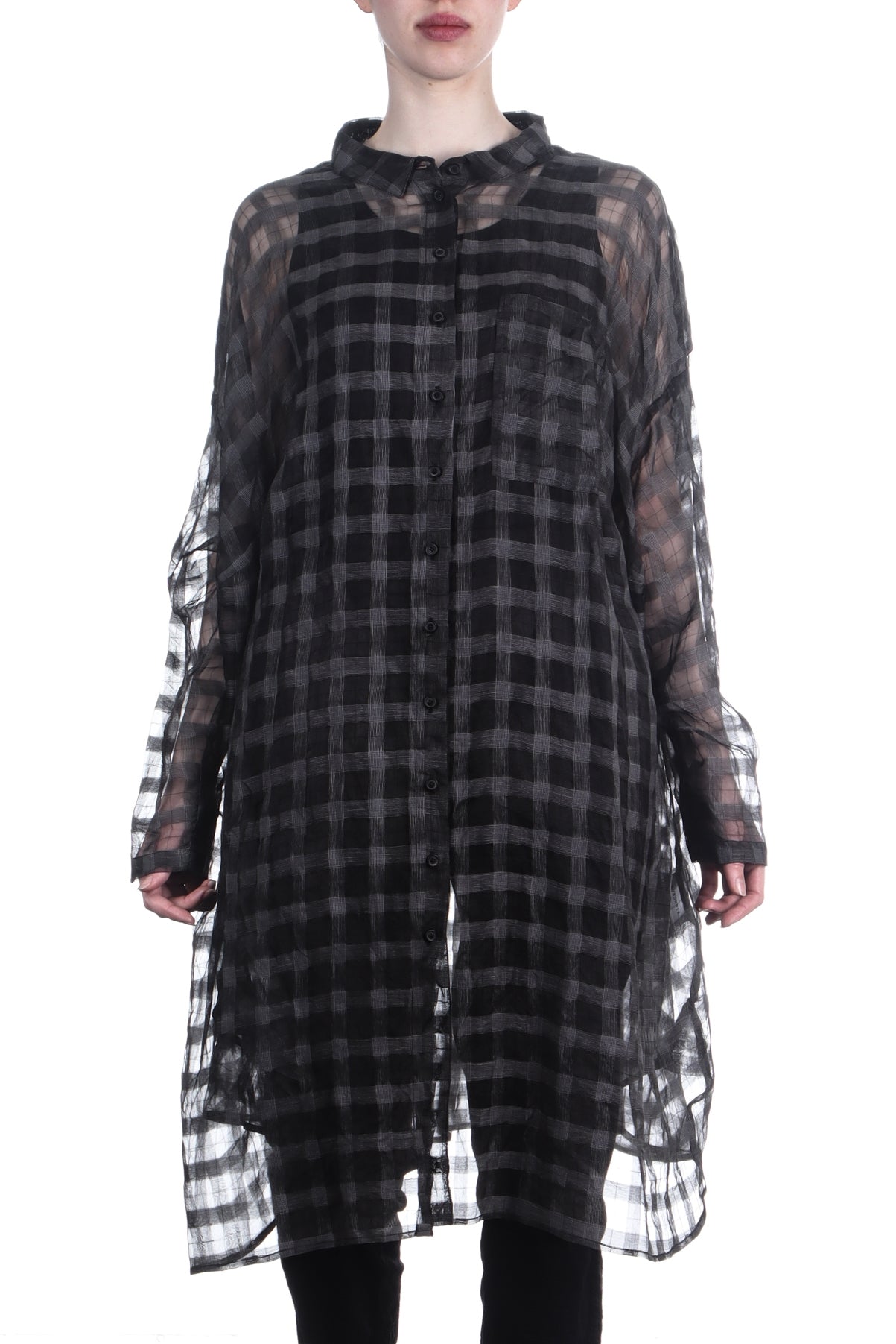 Rundholz Damen Blusenkleid Oversized Semi-Transpararent black check