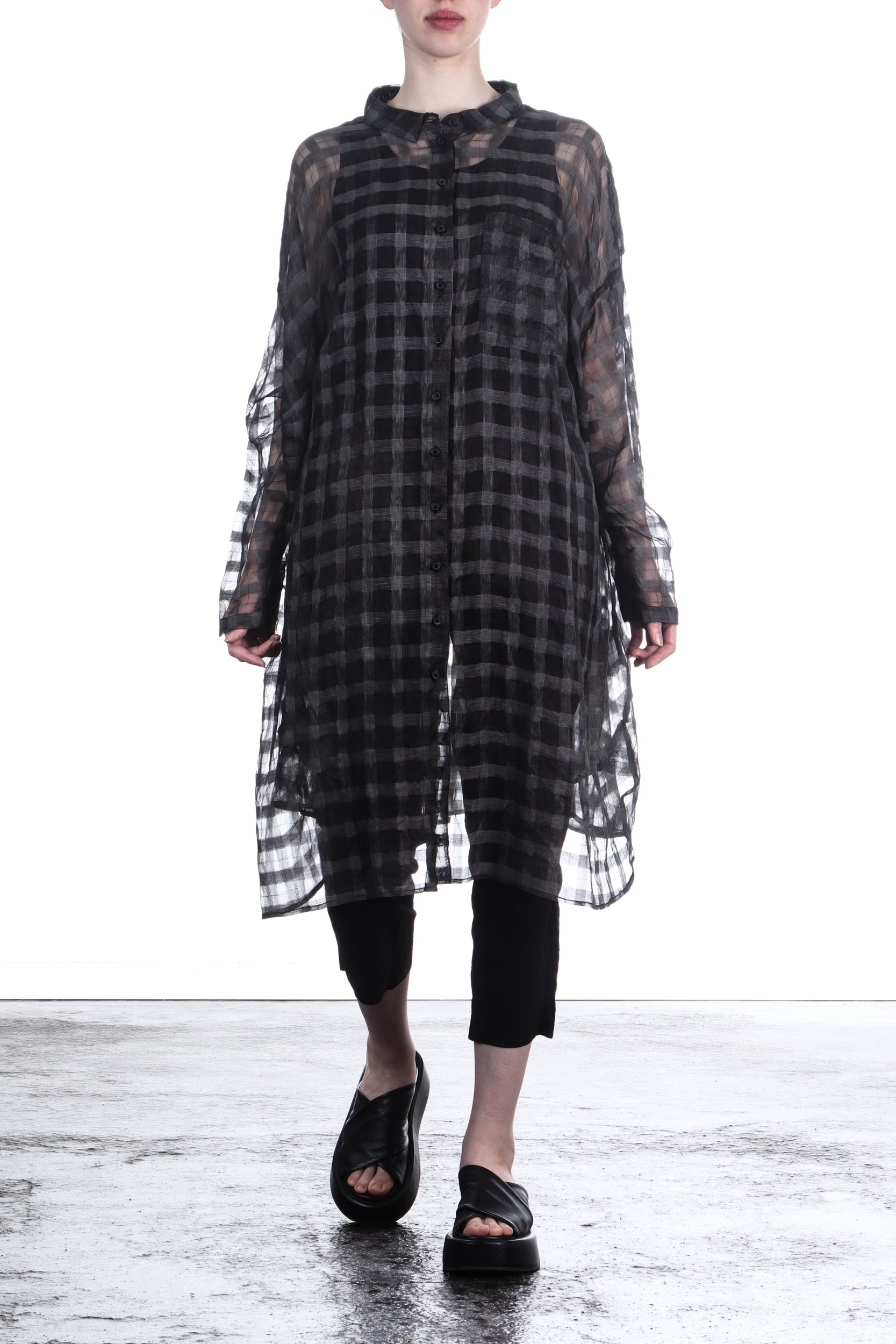 Rundholz Damen Blusenkleid Oversized Semi-Transpararent black check