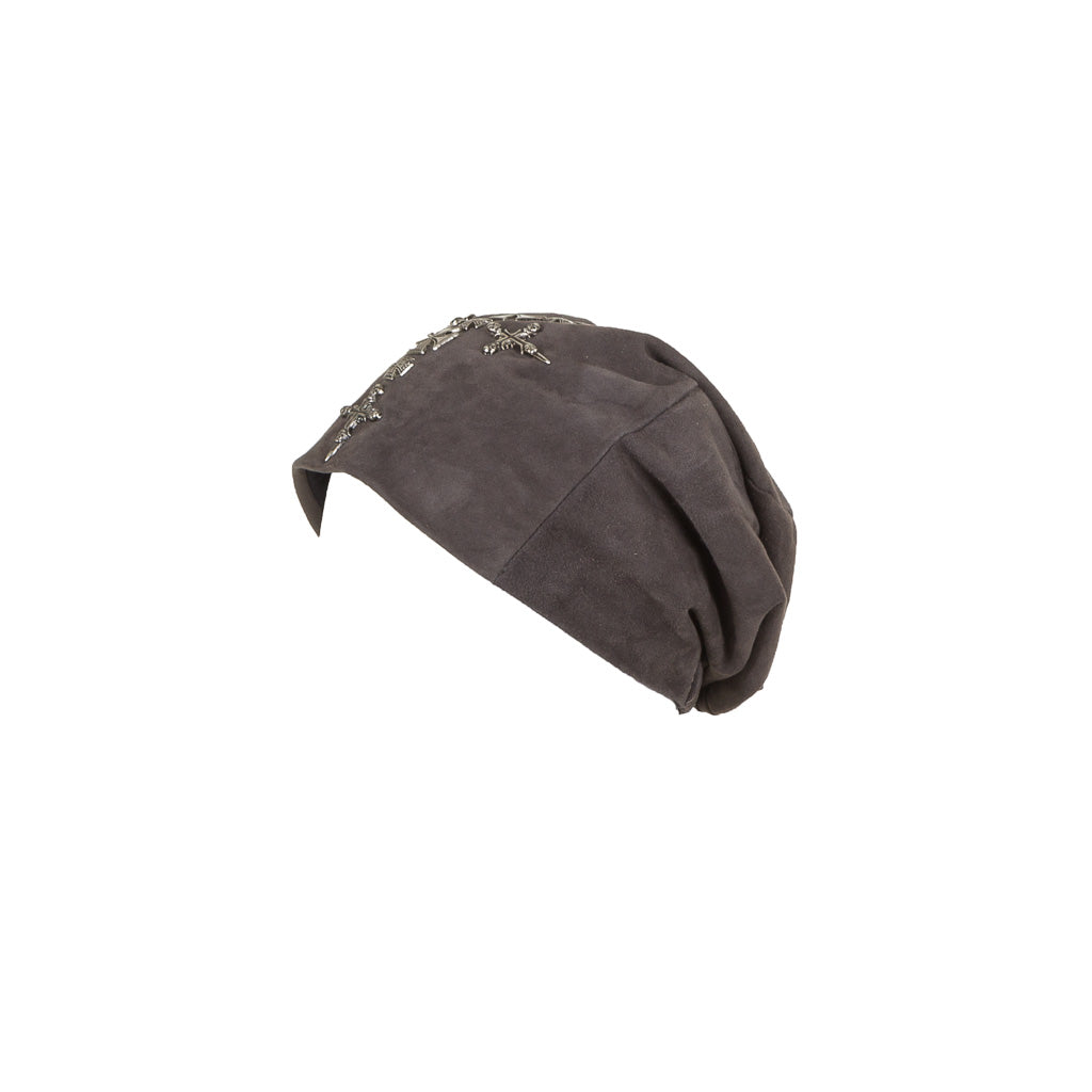 Lonnet Veloursleder Mütze Beanie KREUZ grau 