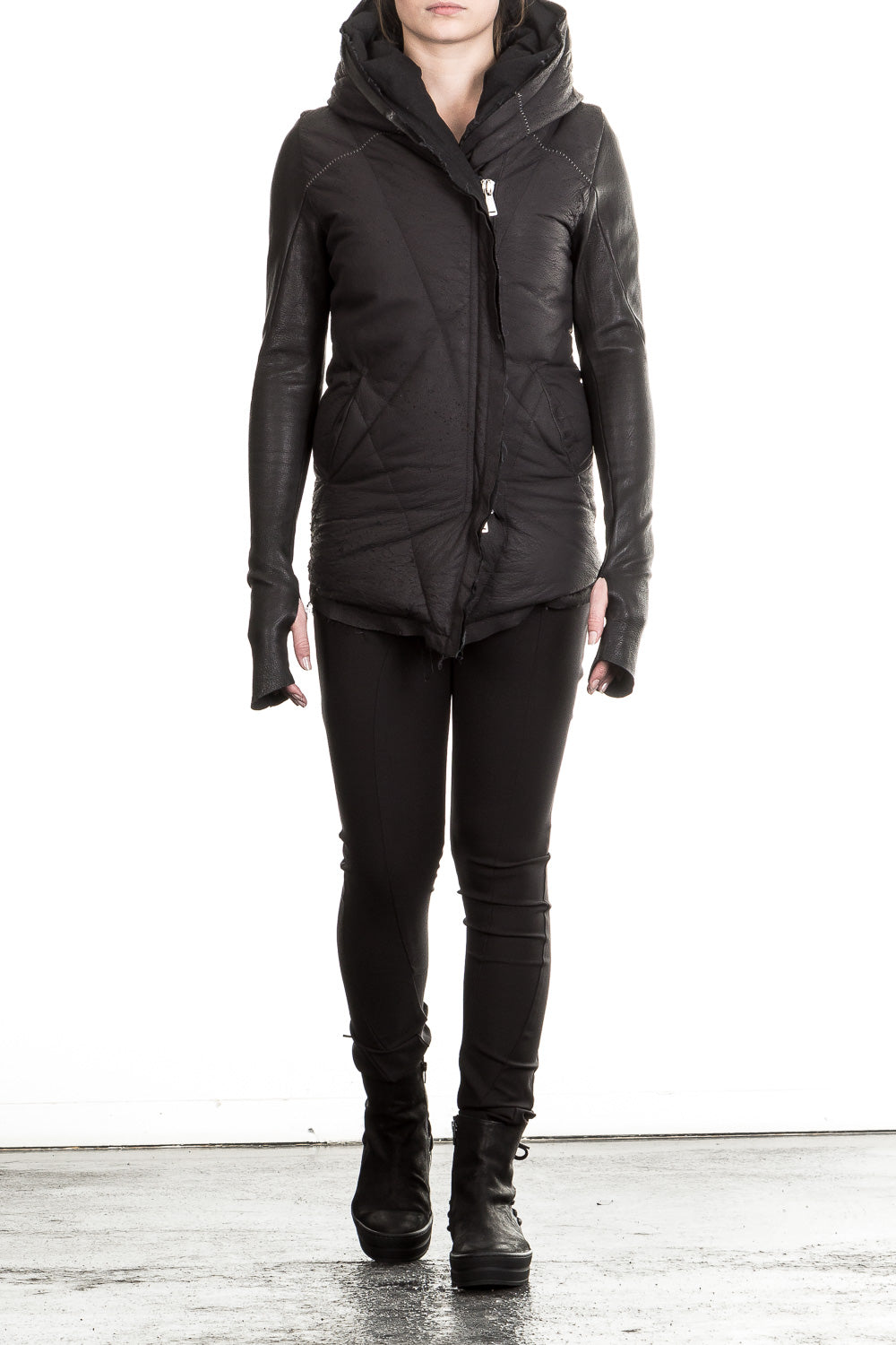 10sei0otto Damen Leder Daunenjacke mit Kapuze schwarz