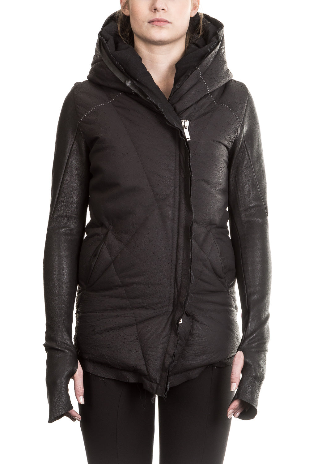 10sei0otto Damen Leder Daunenjacke mit Kapuze schwarz