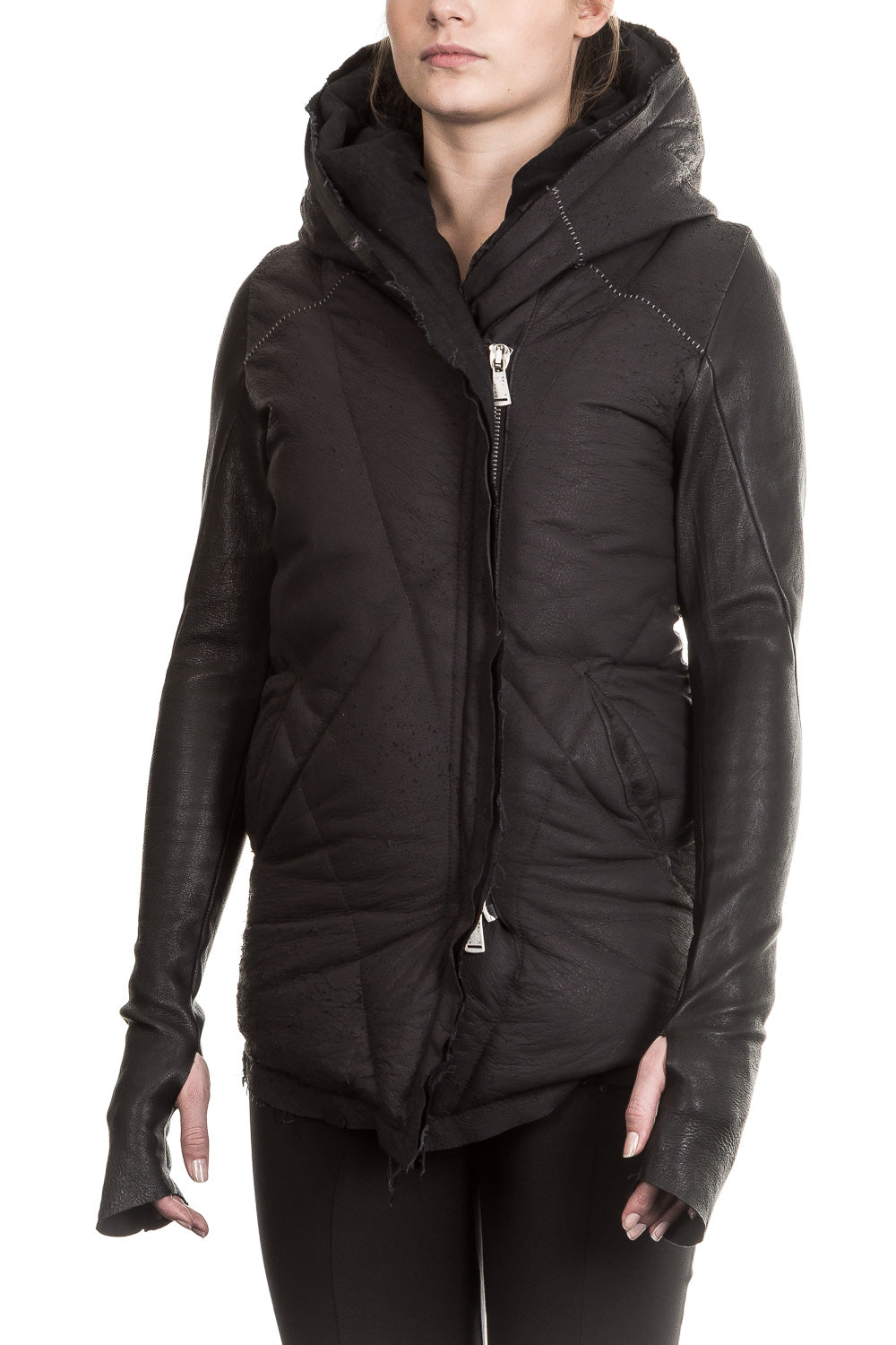 10sei0otto Damen Leder Daunenjacke mit Kapuze schwarz