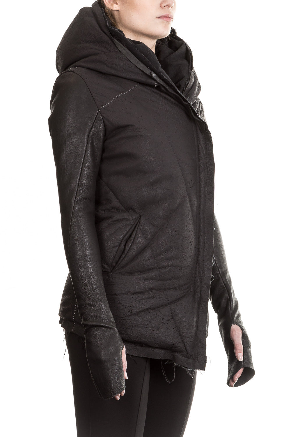 10sei0otto Damen Leder Daunenjacke mit Kapuze schwarz
