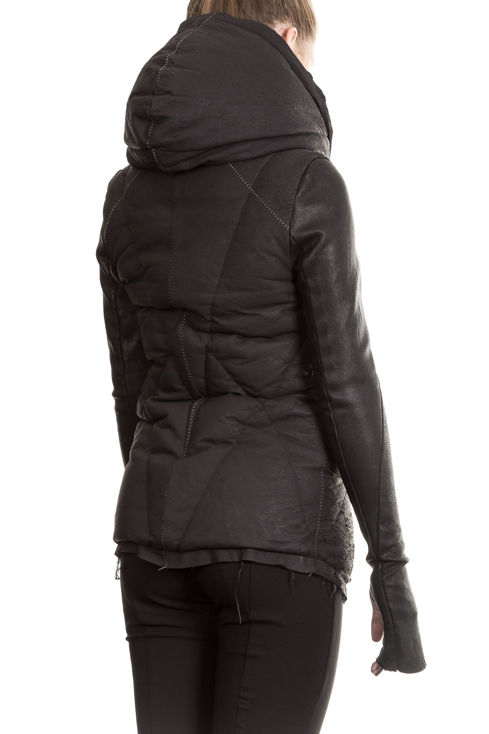 10sei0otto Damen Leder Daunenjacke mit Kapuze schwarz