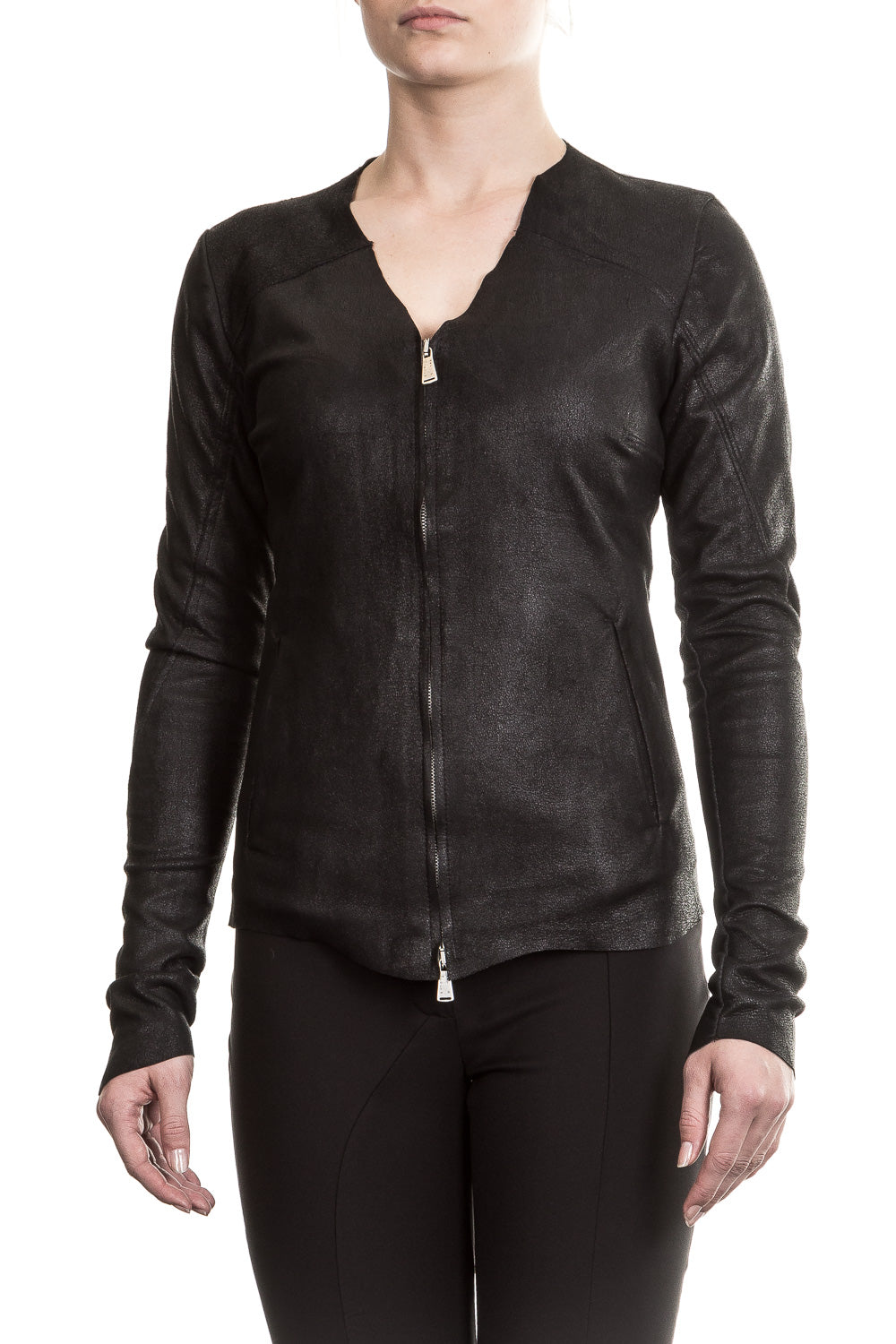 10sei0otto Damen Lederjacke V-Neck schwarz