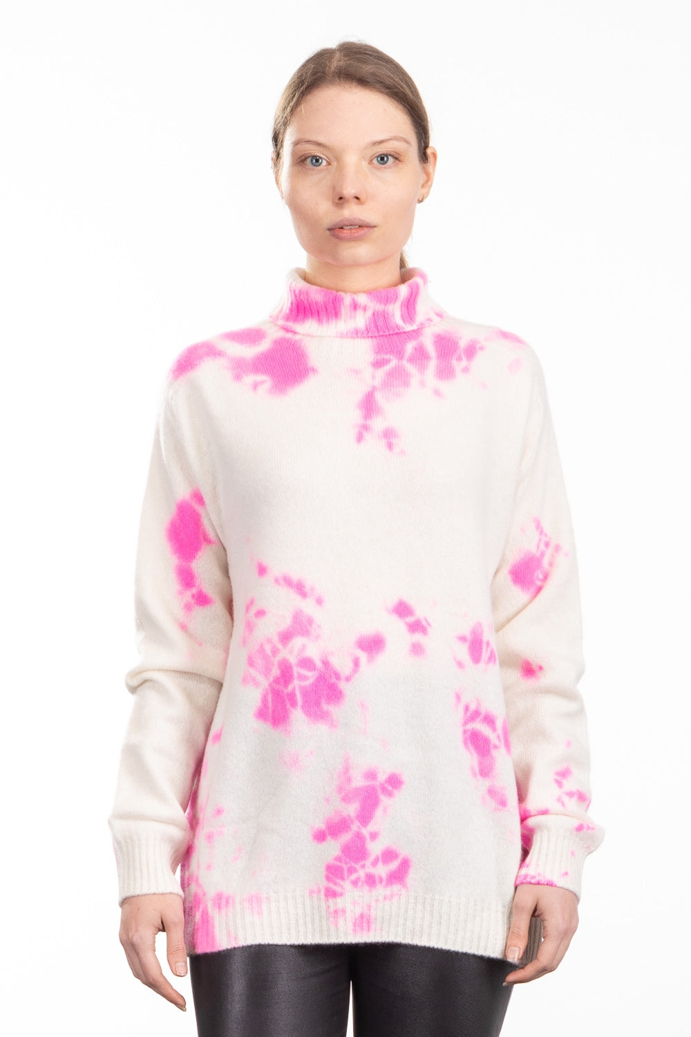Suzusan Damen Kaschmir Rollkragenpullover Madara Shibori pink wollweiß