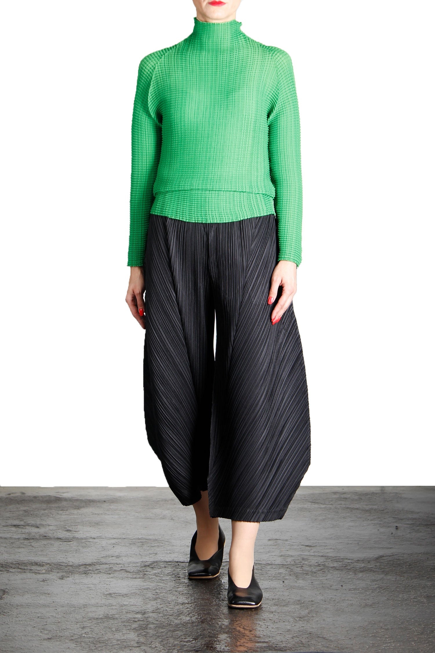 Issey Miyake Plissé Longsleeve Top Stehkragen grün