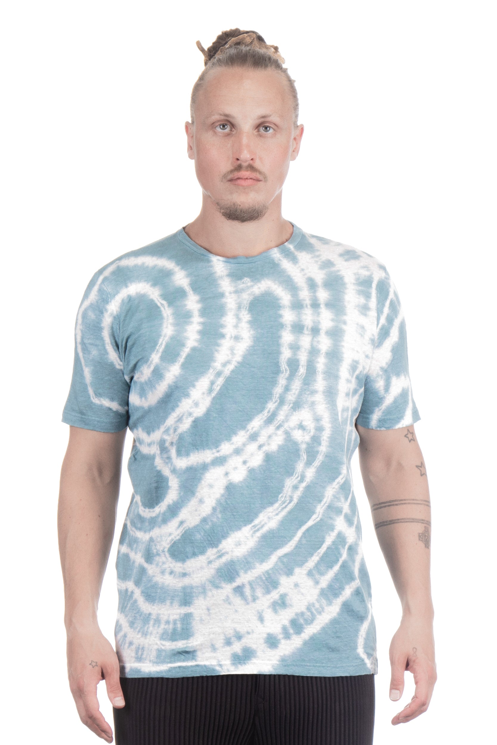 AVANT TOI Herren Leinen T-Shirt Kurzarm Aqua Weiss Print