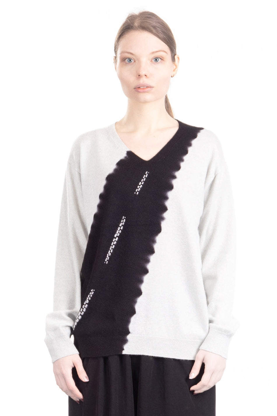 Suzusan Damen Kaschmir Pullover V-Ausschnitt schwarz hellgrau