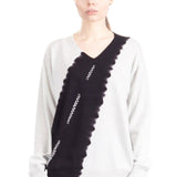 Suzusan Damen Kaschmir Pullover V-Ausschnitt schwarz hellgrau