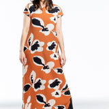Issey Miyake Avantgarde women's dress VIGOR PLEATS long orange with print
