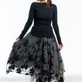 Marc Le Bihan ladies lace skirt midi gray black with floral pattern