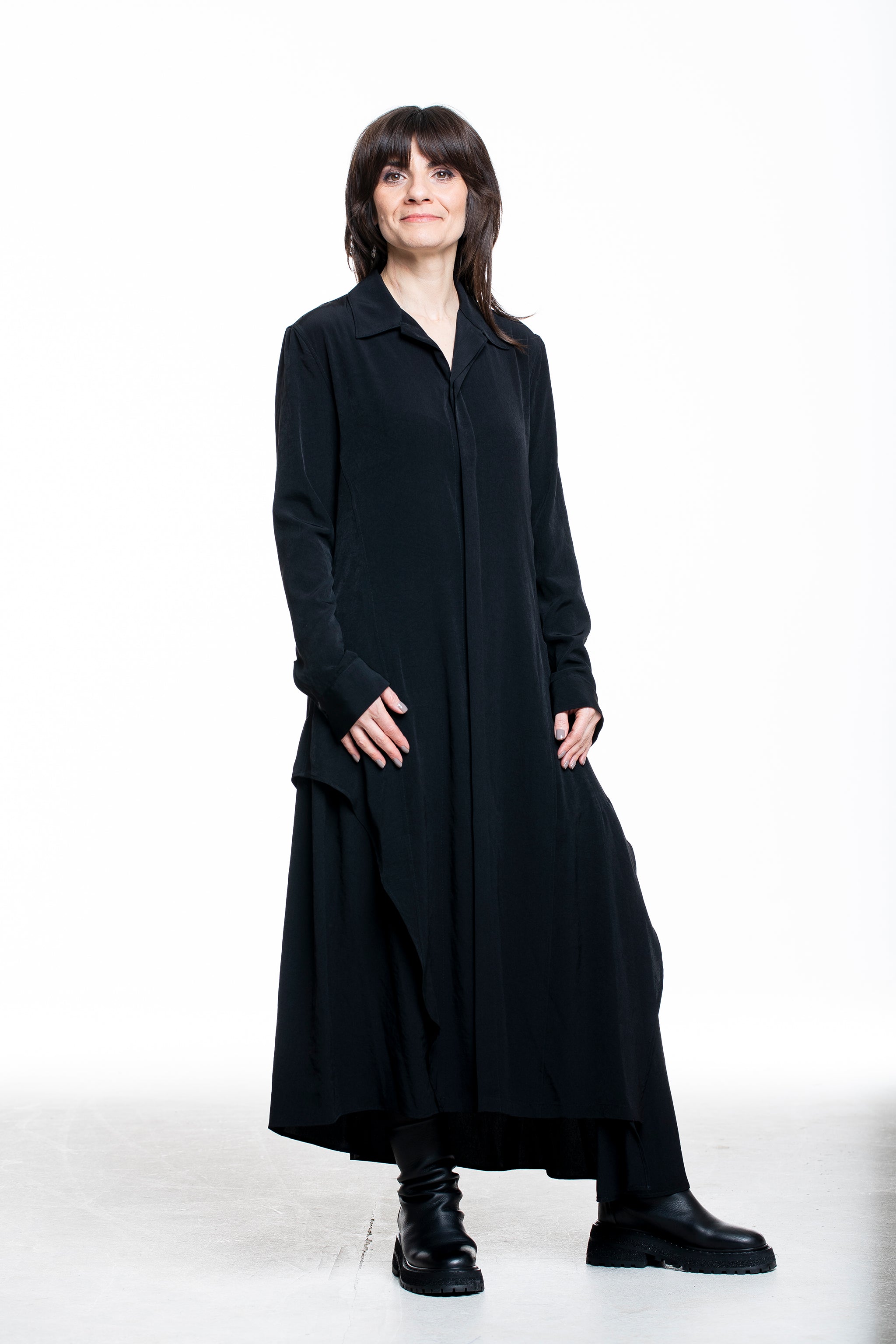 Yohji Yamamoto Damen Maxi Hemdblusenkleid asymmetrisch schwarz