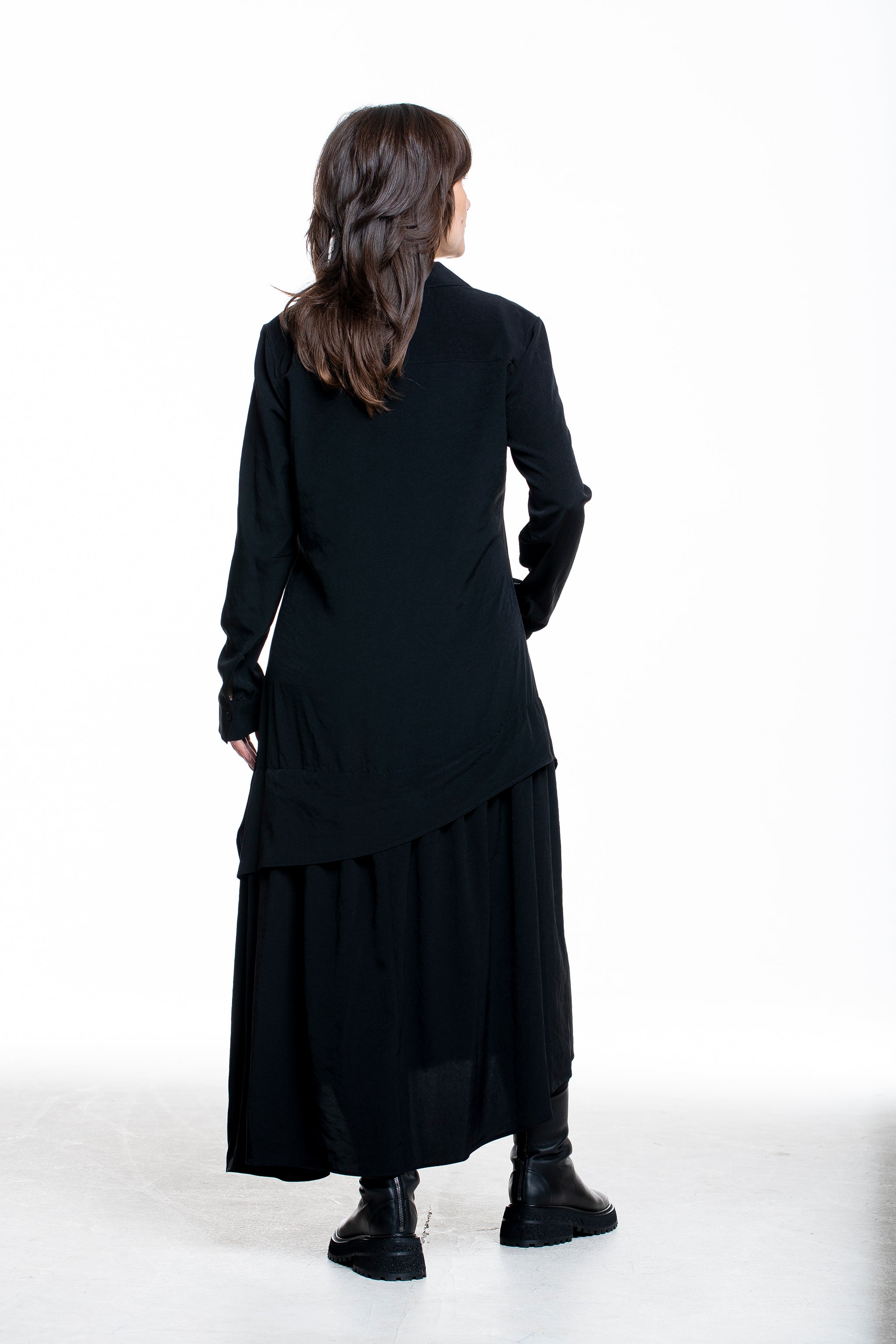 Yohji Yamamoto Damen Maxi Hemdblusenkleid asymmetrisch schwarz - Rückansicht