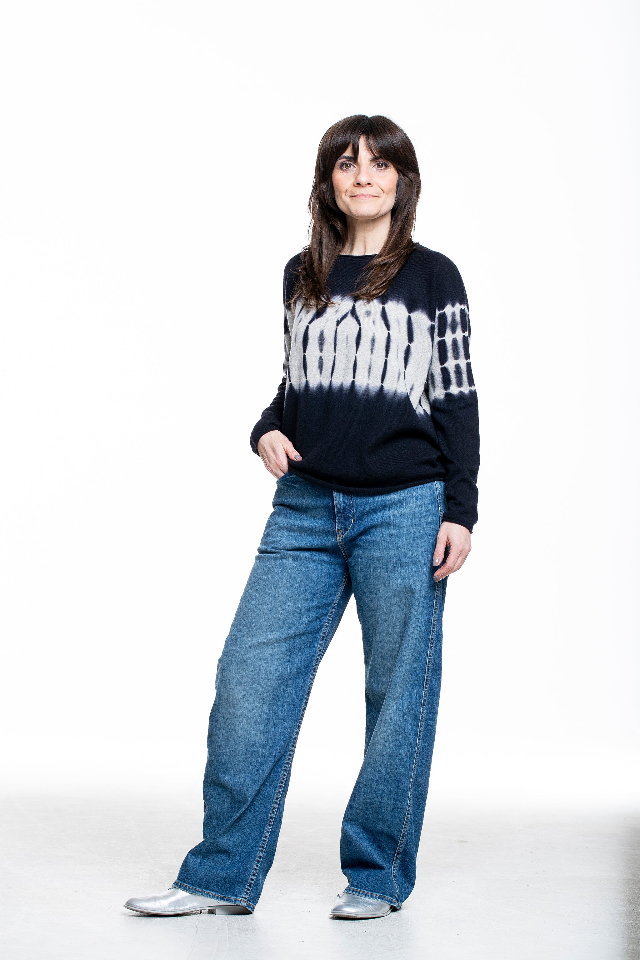 Suzusan Damen Kaschmir Pullover schwarz hellgrau