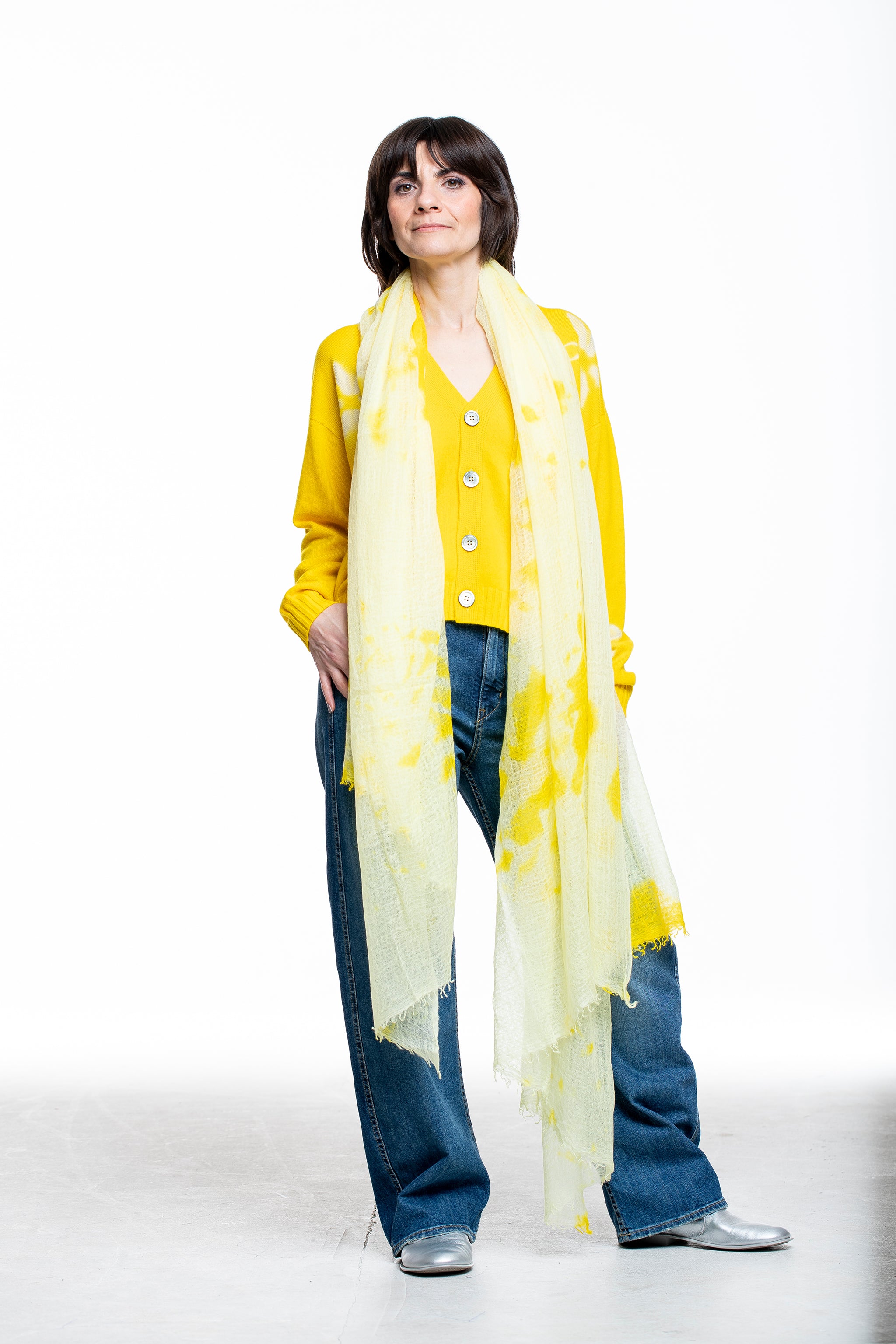 Suzusan Damen Kaschmir Cardigan sonnengelb mit Schal