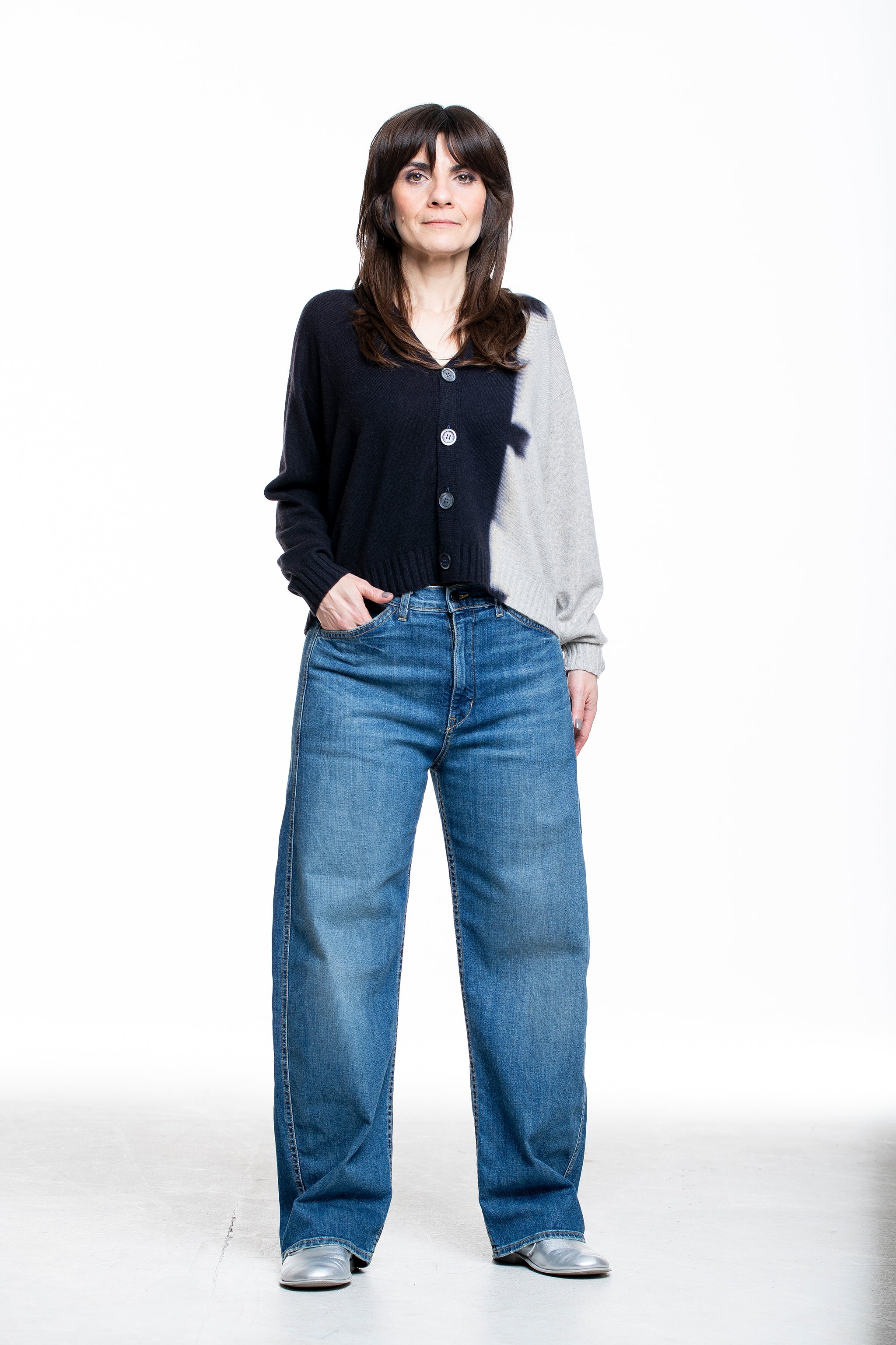 Suzusan Damen Kaschmir Cardigan schwarz hellgrau