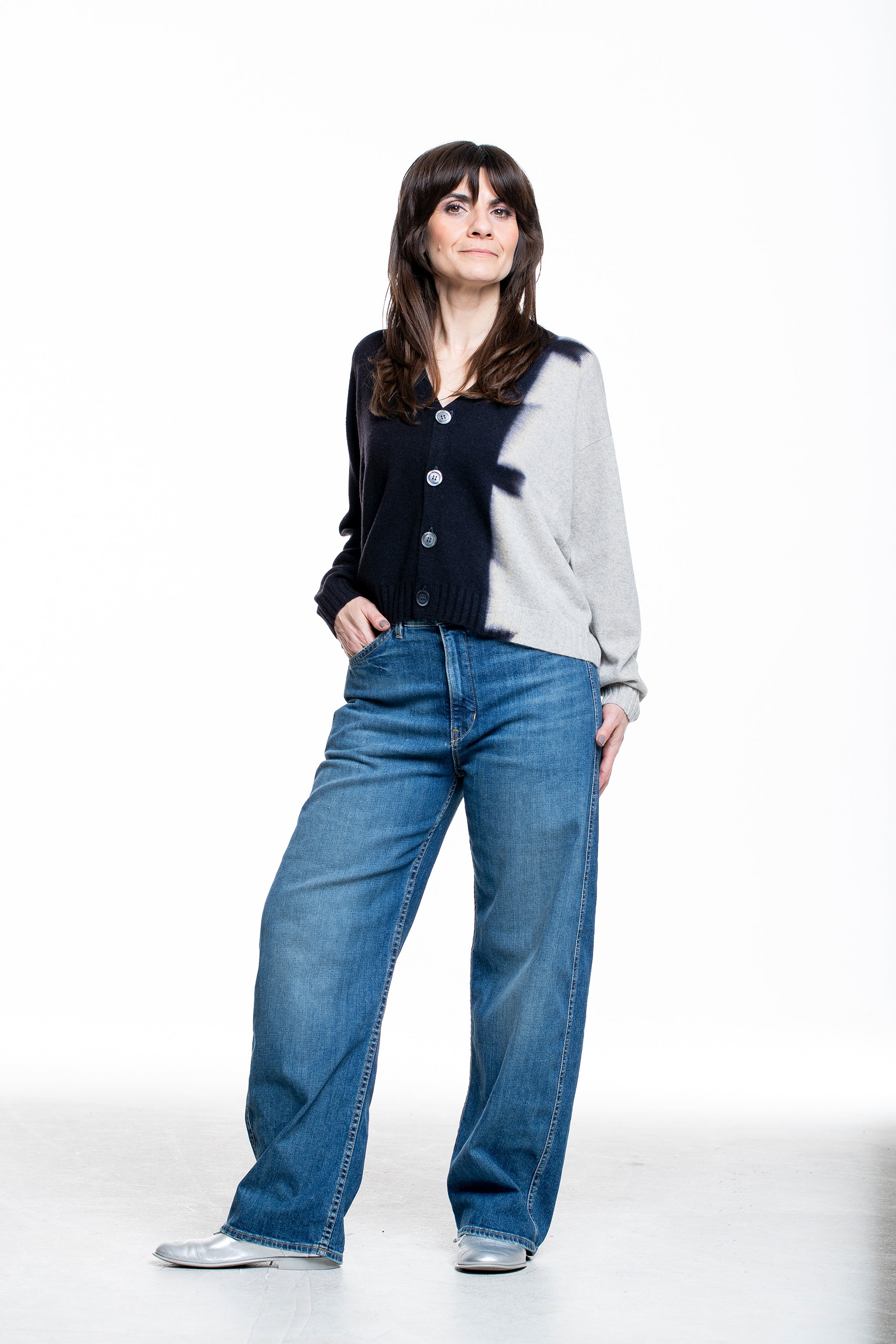 Suzusan Damen Kaschmir Cardigan schwarz hellgrau